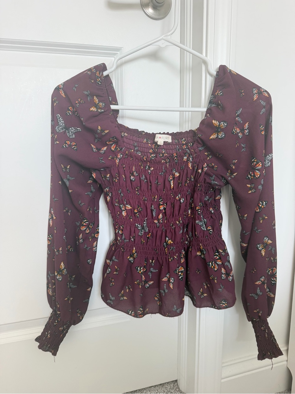 Ultra Flirt Burgundy Smocked Off-Shoulder Butterfly Blouse